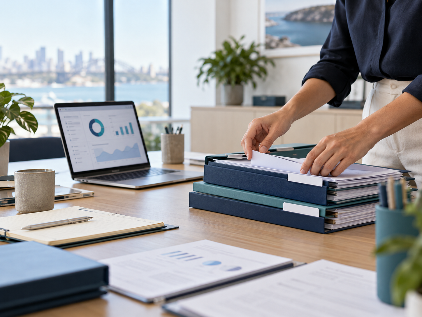 Organised records and a data dashboard in a modern workspace